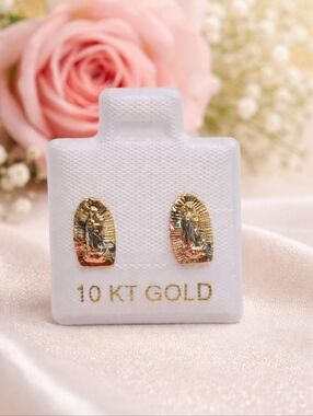 10K Solid Gold Virgen de Guadalupe Stud Earrings Screw Back 9mm Three Tone Women